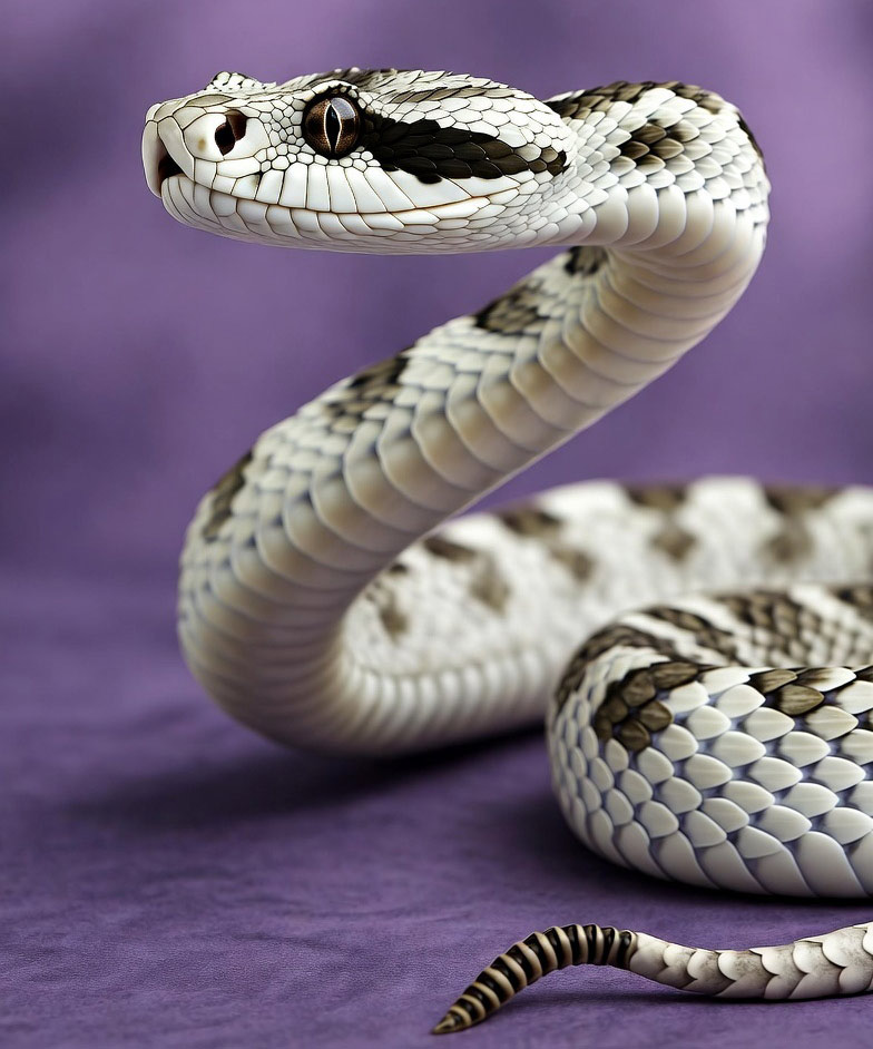 a white rattlesnake with brown striped patches on it's body advancing, the scene it set on a lavender background, the photo symbolizes the phrase of Don't Tread on Me.